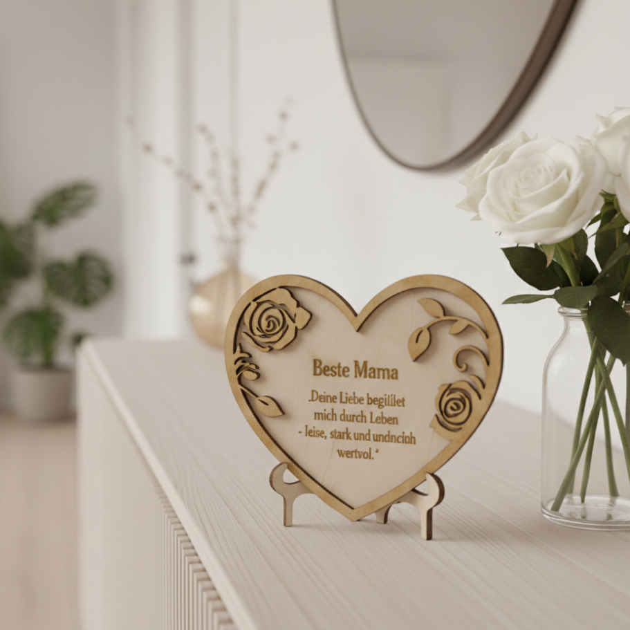 Herzförmige Holztafel mit Blumendekor und der Aufschrift "Besondere Momente".